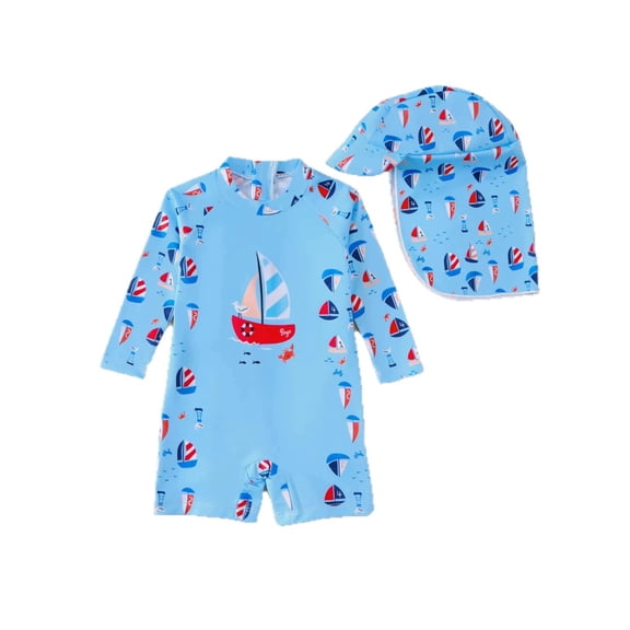 JAJAHO Toddler Baby Boys Long Sleeve Swimsuit With Sun Hat 2PCS Beachwear Set Rash Guard One Piece Bathing Suit Summer Beach Pool Water Play Soft Swimwear