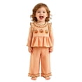 thumbnail image 1 of JAJAHO Toddler Baby Girl Halloween Clothes Sleeveless Ruffle Pumpkin Embroidery Plaid Tops Pants 2 Piece Set 6M-4Y, 1 of 9