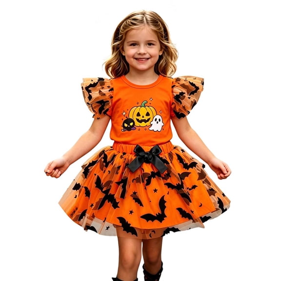 JAJAHO Toddler Baby Girls 2 Piece Skirts Set Halloween Outfits Flutter Sleeve Pumpkin Bat Print T Shirt Tutu Mini Skirt Sets 6M-4Y Stylish Outfit