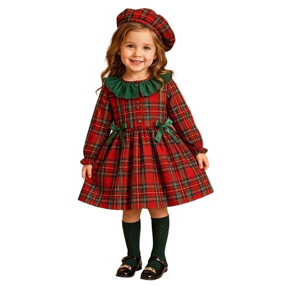 JAJAHO Toddler Baby Girls Christmas Dress Peter Pan Collar Plaid Bow Midi Dresses With Hat 2 Piece Set 9M-5Y