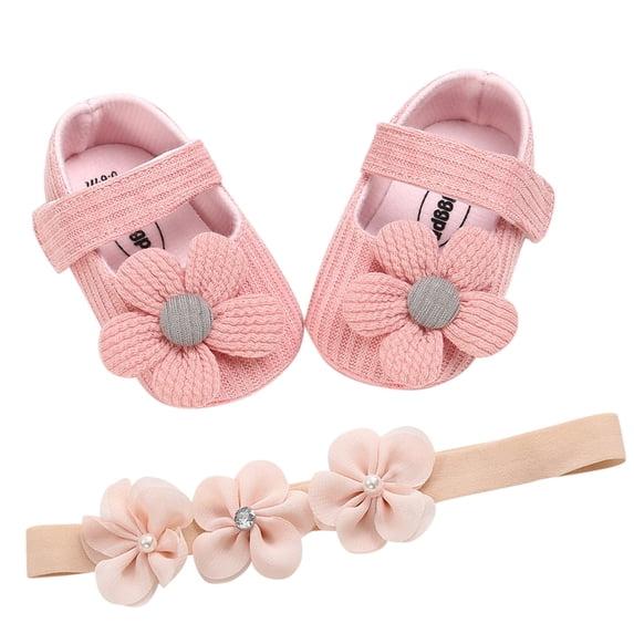 JAJAHO Toddler Baby Girls First Walking Shoes Knitted Bowknot Floral Princess Hook And Loop Flats With Headband 2PCS Set Soft Sole Versatile Shoe