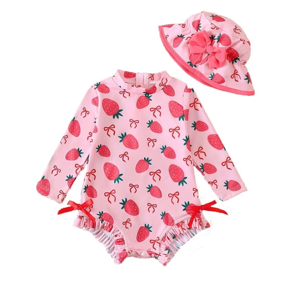JAJAHO Toddler Baby Girls Long Sleeve Swimsuit With Sun Hat 2PCS Beachwear Set Cute Print Ruffle One Piece Bathing Suit Rash Guard Comfortable Swimwear
