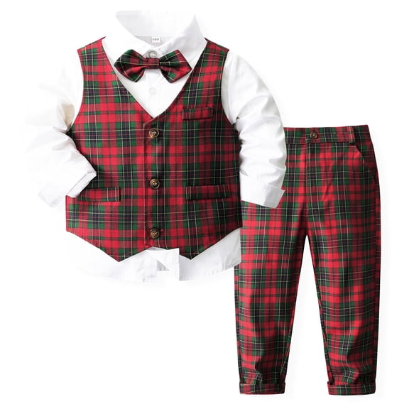 JAJAHO Toddler Boys 4 Piece Set Gentleman Outfits Long Sleeve Lapel Dress Shirts Plaid Waistcoat Pants With Bow Tie Wedding Formal Wear 0-6T Stylish Outfit