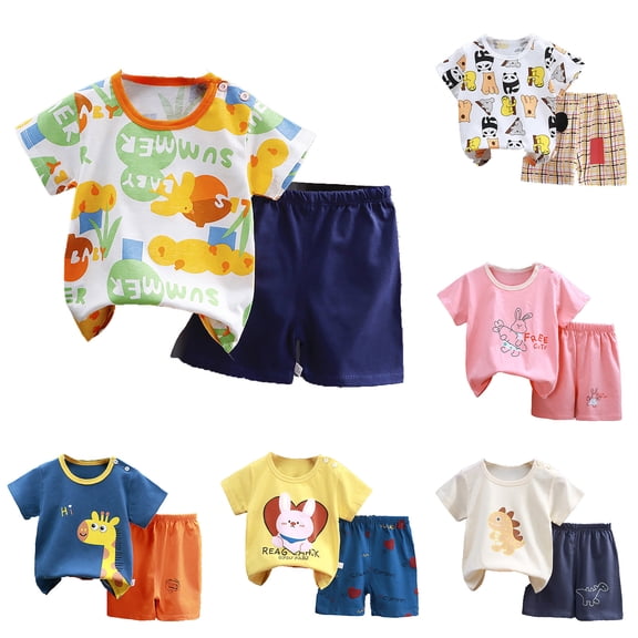 JAJAHO Toddler Boys Girls Summer Clothes Cartoon Print Outfits Short Sleeve T Shirt And Shorts 2 Piece Set 0-7Y Lovely Outfit