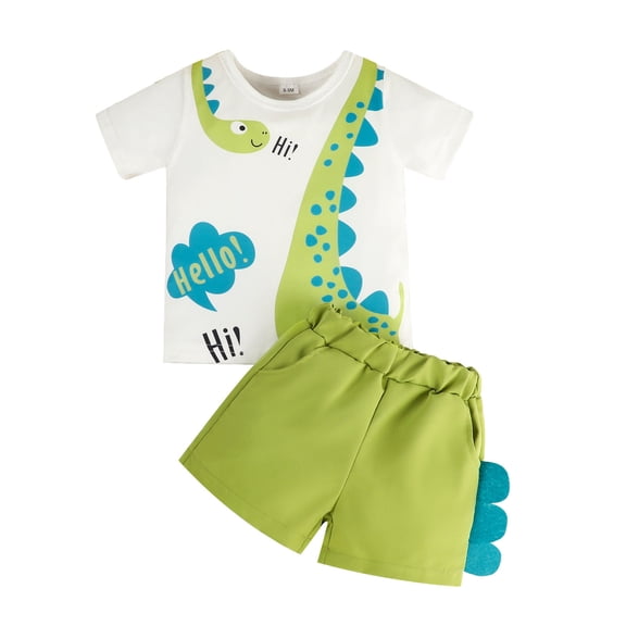 JAJAHO Toddler Boys Outfits Short Sleeve Cartoon Dinosaur Print T Shirt And Shorts Baby Boy Clothes 2 Piece Set 3-24 Months Stylish Outfit