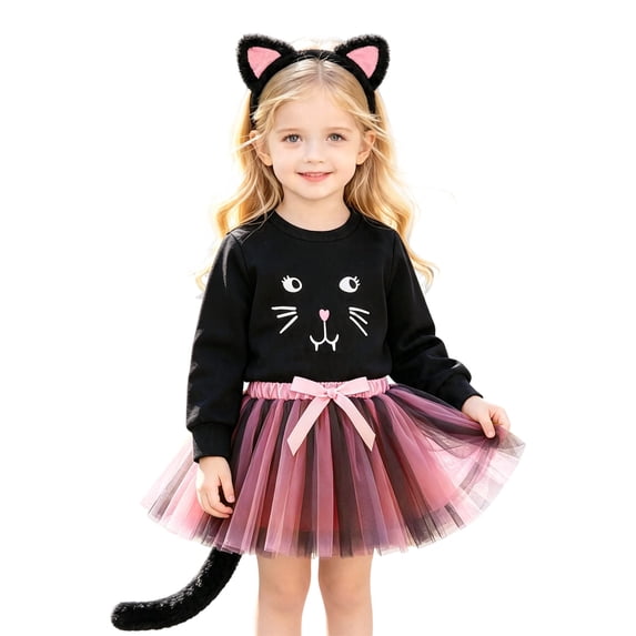 JAJAHO Toddler Girls Halloween Cat Outfit, Sweatshirt And Tutu Skirt Set With Headband, Girls Animals Dress Up Clothes Sizes 12M-5Y