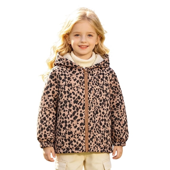 JAJAHO Toddler Girls Leopard Jacket With Sherpa Lining Kids Hooded Zip Up Fall Winter Coat 1-7Y