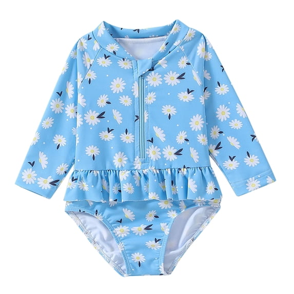 JAJAHO Toddler Girls Long Sleeve Floral Print Beach Bathing Suit One Piece Zipper Swimsuit High Cut Rash Guard Stylish Swimwear