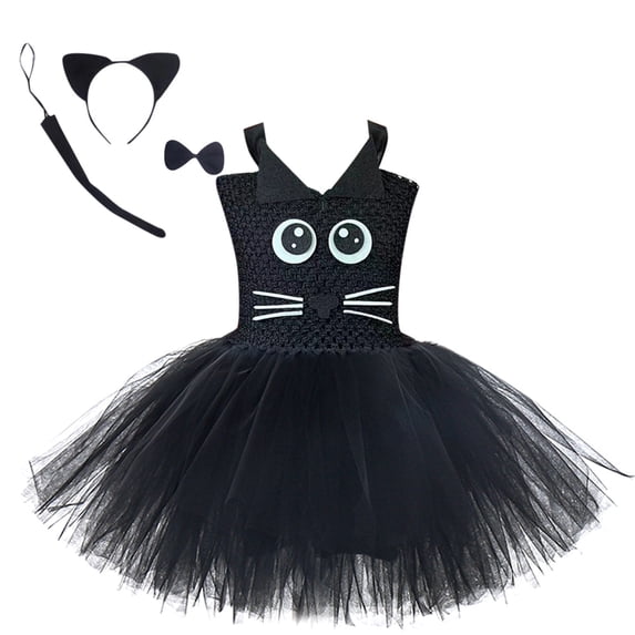 JAJAHO Toddler Girls Tutu Dress Carnival Black Cat Dress Up Outfit Spaghetti Strap Tulle Puffy Dress With Bowknot Headband Tail 4PCS Set Lovely Dresses