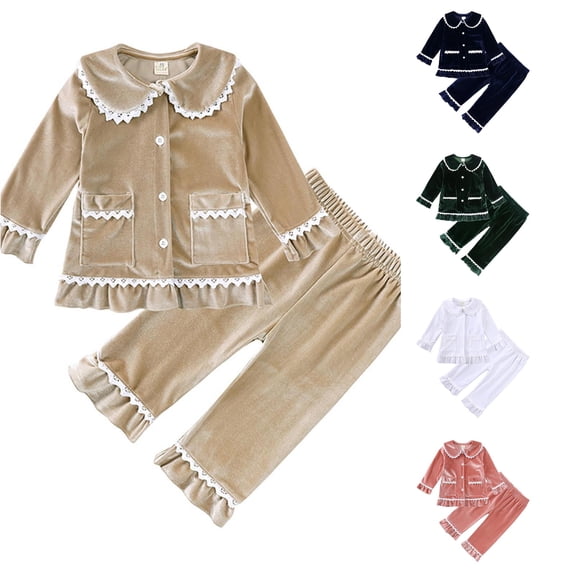 JAJAHO Toddler Kids Girls Pajamas Set Velvet Fuzzy Sleepwear Ruffle Lace Long Sleeve Button Down 2 Piece Pjs 3M-4Y