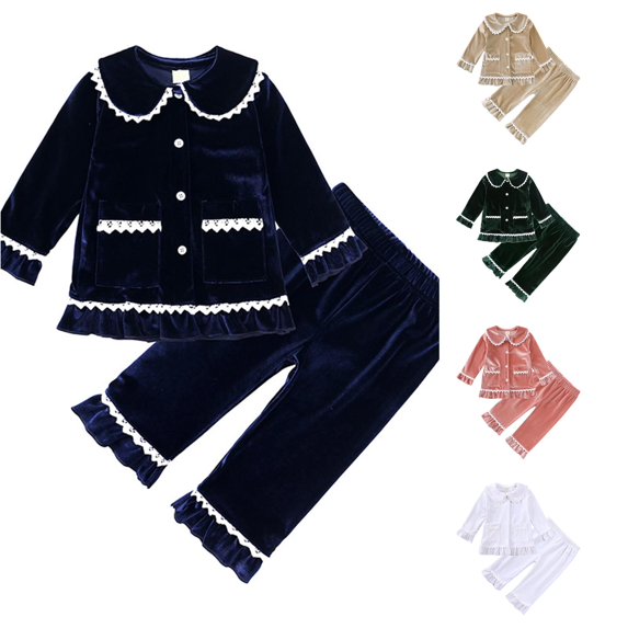 JAJAHO Toddler Kids Girls Pajamas Set Velvet Fuzzy Sleepwear Ruffle Lace Long Sleeve Button Down 2 Piece Pjs 3M-4Y