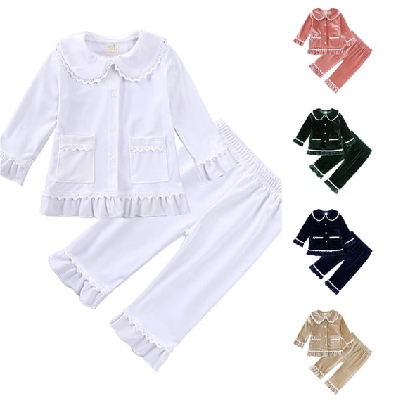 JAJAHO Toddler Kids Girls Pajamas Set Velvet Fuzzy Sleepwear Ruffle Lace Long Sleeve Button Down 2 Piece Pjs 3M-4Y