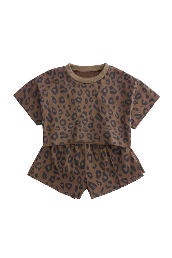 Toddler Kids Girls Summer 2 Piece Sets Leopard Print Short Sleeve Cropped T Shirts And Shorts Lightweight Outfits Casual Playwear 1-6T Trendy Outfit