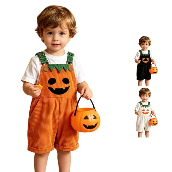 JAJAHO Toddler Kids Halloween Pumpkin Overalls Shorts Adjustable Straps Corduroy Loose Fit Bib Shorts 12M-5Y