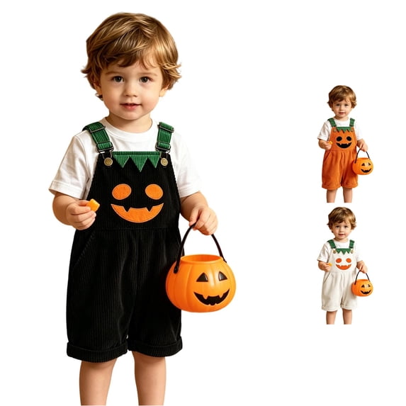 JAJAHO Toddler Kids Halloween Pumpkin Overalls Shorts Adjustable Straps Corduroy Loose Fit Bib Shorts 12M-5Y