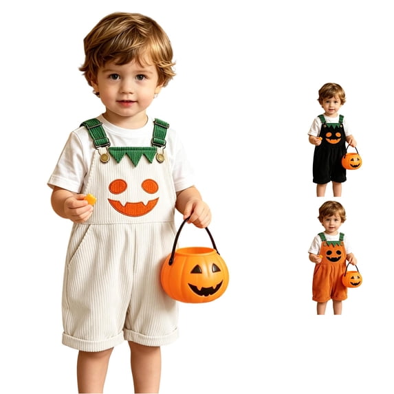 JAJAHO Toddler Kids Halloween Pumpkin Overalls Shorts Adjustable Straps Corduroy Loose Fit Bib Shorts 12M-5Y