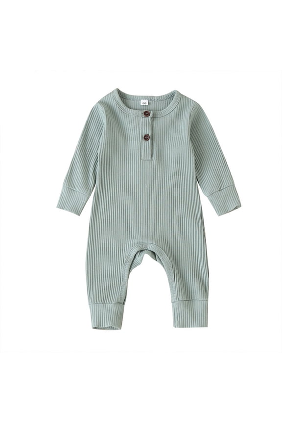 Toddler Long Sleeve Boys Girls Romper Baby Clothes Ribbed Solid Color Henley Jumpsuit Spring Fall Trendy One-Pieces