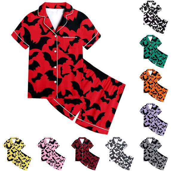 JAJAHO Toddlers And Kids Halloween Pajamas Set For Girls Satin 2 Pcs Pjs Bat Printed Short Sleeve Sleepwear Shorts Set 2-13Y