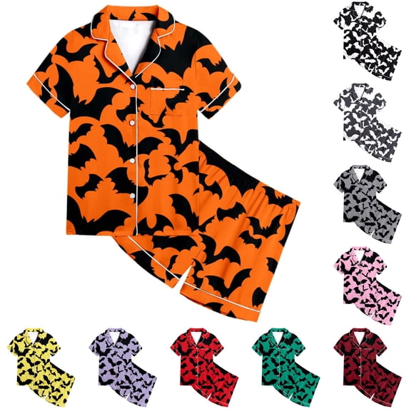 JAJAHO Toddlers And Kids Halloween Pajamas Set For Girls Satin 2 Pcs Pjs Bat Printed Short Sleeve Sleepwear Shorts Set 2-13Y
