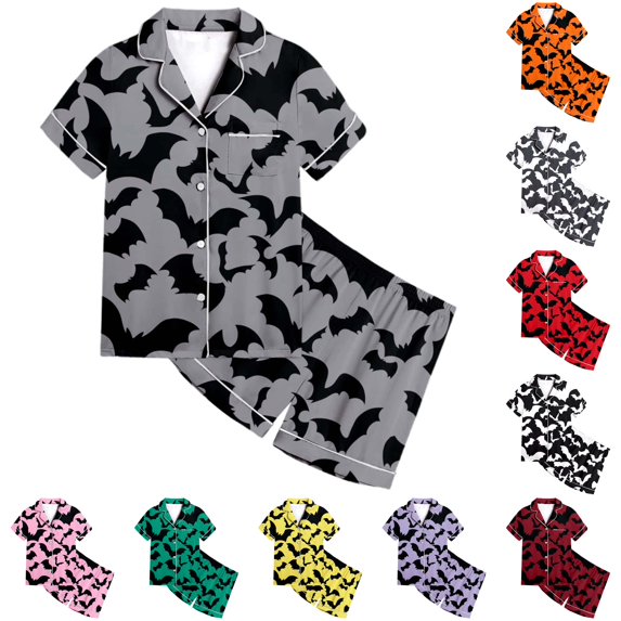 JAJAHO Toddlers And Kids Halloween Pajamas Set For Girls Satin 2 Pcs Pjs Bat Printed Short Sleeve Sleepwear Shorts Set 2-13Y