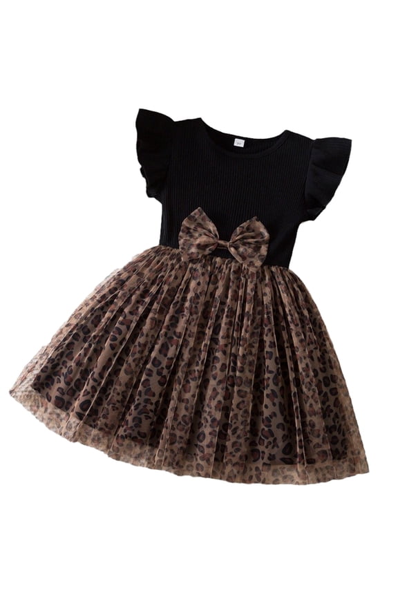 Tutu Dresses For Girl Leopard Mesh Layered Flutter Sleeve Kids Girls Flowy Mini Sundress 2-7Y Stylish Dresses
