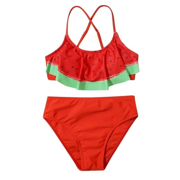 JAJAHO Two Piece Girls Swimsuits Ruffle Watermelon Print Criss Cross Girl Bathing Suits High Cut Vacation Beachwear Cozy Swimwear