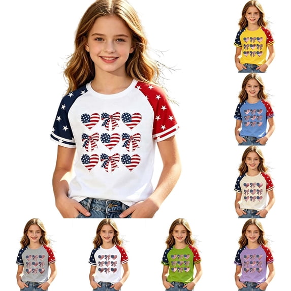 JAJAHO US National Flag T Shirts For Girls Raglan Short Sleeve Bow Print Graphic Tee 4Th Of July Independence Day Top