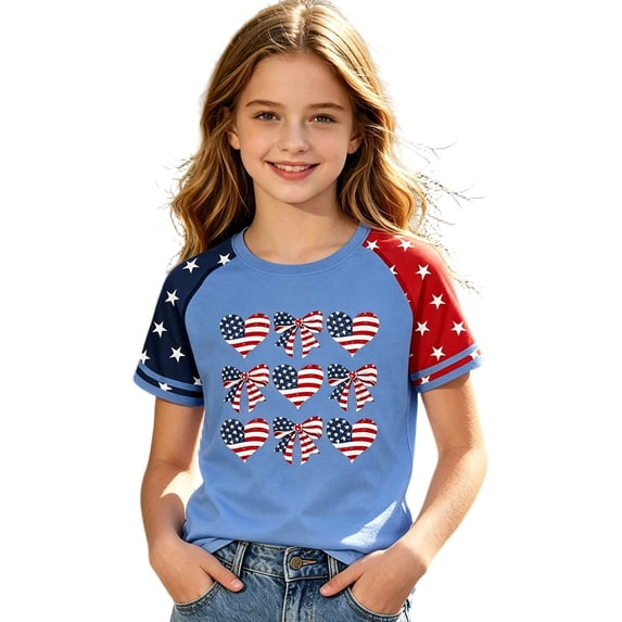 JAJAHO US National Flag T Shirts For Girls Raglan Short Sleeve Bow Print Graphic Tee 4Th Of July Independence Day Top