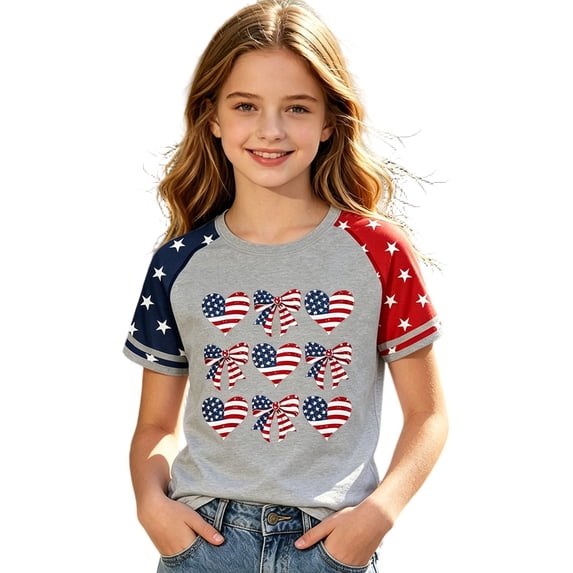 JAJAHO US National Flag T Shirts For Girls Raglan Short Sleeve Bow Print Graphic Tee 4Th Of July Independence Day Top