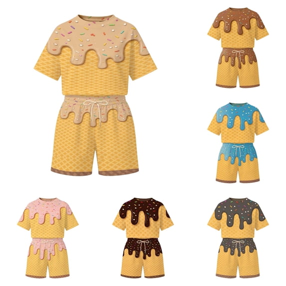JAJAHO Unisex Girls Boys 2 Piece Outfits Ice Cream Printed Short Sleeve T Shirt And Drawstring Shorts With Pockets Kids Summer Clothes Set Sweatsuits 2-14Y