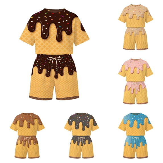 JAJAHO Unisex Girls Boys 2 Piece Outfits Ice Cream Printed Short Sleeve T Shirt And Drawstring Shorts With Pockets Kids Summer Clothes Set Sweatsuits 2-14Y