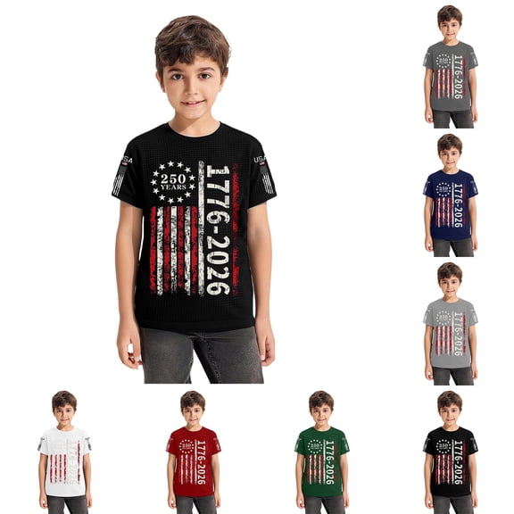 JAJAHO United States 250 Years Shirts For Boys Short Sleeve T Shirt 4Th Of July Graphic Tee For Kids 2-13Y Celebrate America's 250th Anniversary
