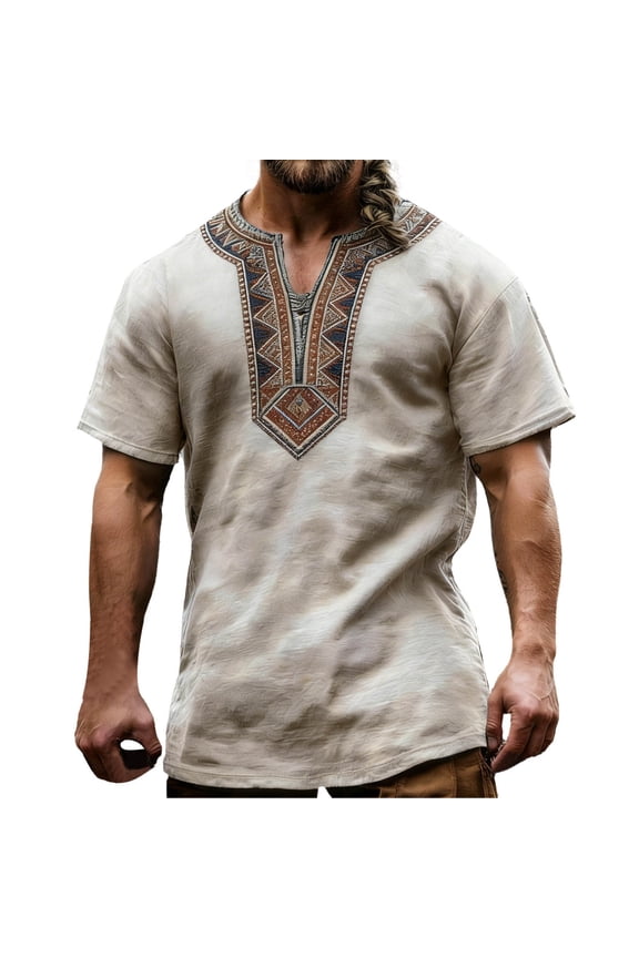 Vintage T Shirt Men V Neck Ethnic Style Graphic Tees Short Sleeve Retro Loose Fit Summer Shirts Soft Tops