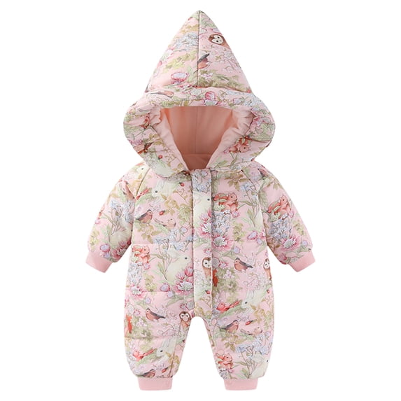JAJAHO Winter Baby Girl Snowsuits Romper Toddler Warm Thickened Padded Hooded Jumpsuit Ankle-Tied Front Zipper Onesie Insulated Cozy One-Pieces