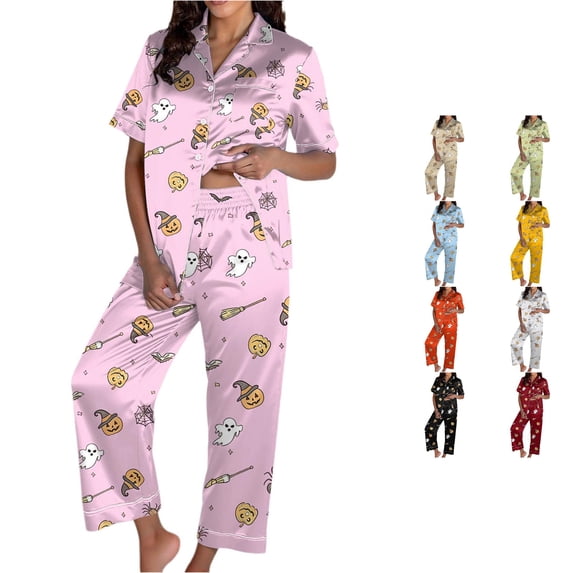 JAJAHO Women Halloween Pajamas Set 2 Piece Pjs Pumpkin Ghost Printed Short Sleeve Button Shirt With Pants Set