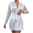 thumbnail image 1 of JAJAHO Women Lace Silk Satin Robe Mesh Sheer Long Sleeve Bathrobe V Neck Tie Waist Sleepwear Wedding Robes Stylish Home Clothes, 1 of 7