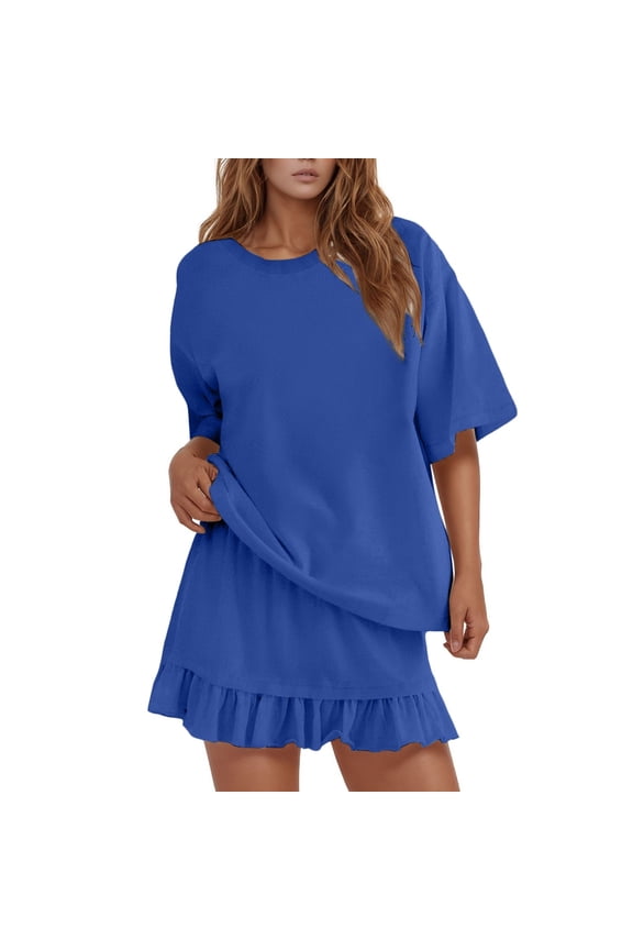 Women Skirt Sets Summer 2 Piece Outfits Casual Short Sleeve Crew Neck Oversized Basic Tee And Ruffle Hem Mini Skirts Beach Vacation Clothes Leisure Outfit