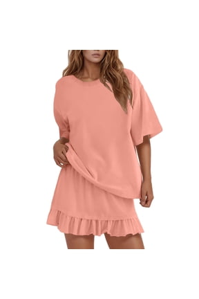 Women Skirt Sets Summer 2 Piece Outfits Casual Short Sleeve Crew Neck Oversized Basic Tee And Ruffle Hem Mini Skirts Beach Vacation Clothes Soft Outfit