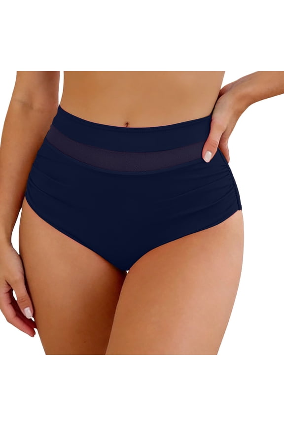 Women's Bikini Swimsuits Bottom Sexy Mesh Sheer High Waisted Tummy Control Ruched Full Coverage Swim Briefs Comfy Beachwear