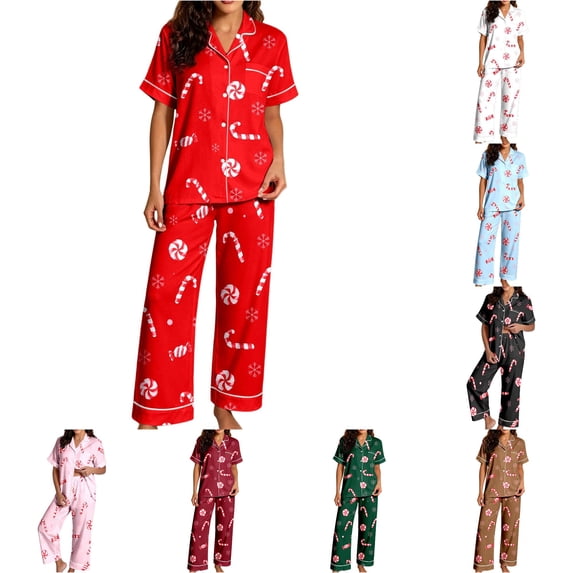 JAJAHO Women's Christmas Pajamas Candy Cane Print Button Down Short Sleeve 2 Piece Loungewear Sets With Pants