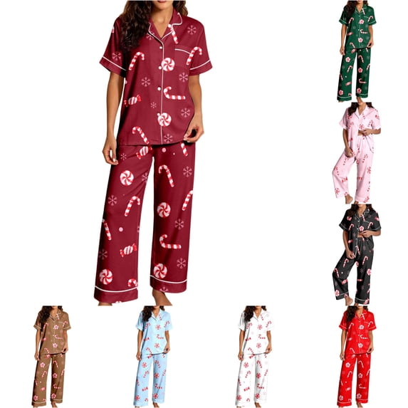 JAJAHO Women's Christmas Pajamas Candy Cane Print Button Down Short Sleeve 2 Piece Loungewear Sets With Pants