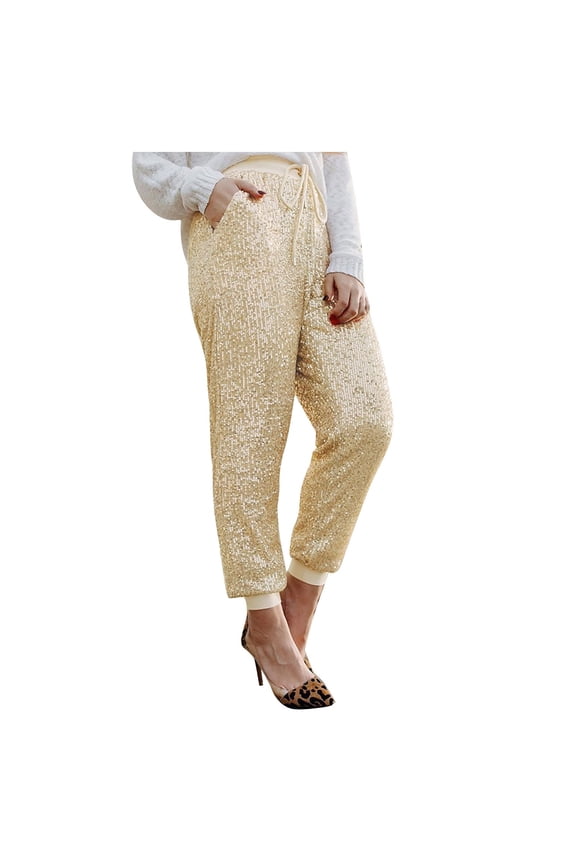 Women's Sequins Pants Solid Color Shiny Elastic Drawstring Casual Club Party Wear Soft Sparkly Ankle-Tied Pants Carnival Soft Trousers