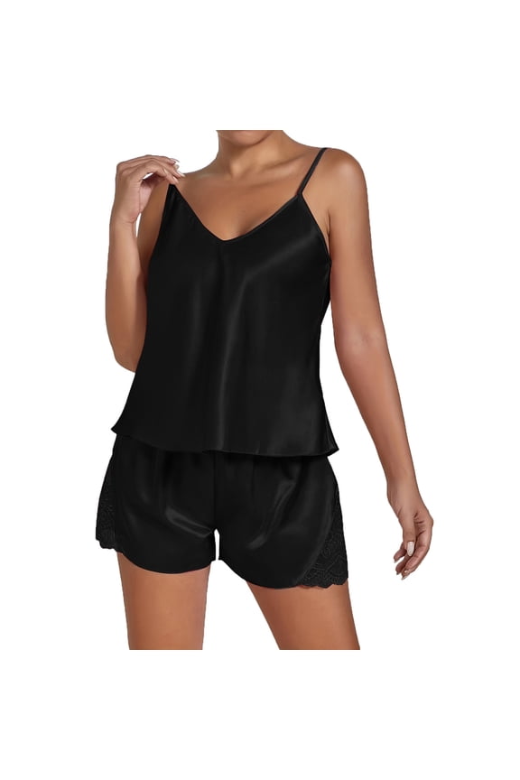 Womens Cami Pajama Sets Silk Satin Sexy V Neck Lace Trim Adjustable Straps Open Back Tank Top And Shorts Summer 2 Piece Sleepwear Set Leisure Home Clothes