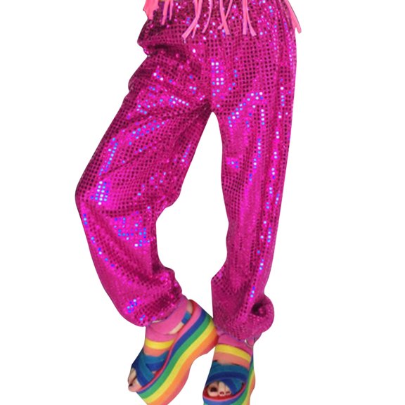 JAJAHO Womens Carnival Sparkly Sequins Joggers Pants Glitter Casual Ankle-Tied Pants Party Disco Hop Dance Stylish Trousers