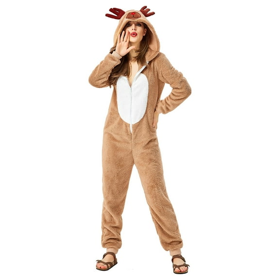 JAJAHO Womens Christmas Pajamas Reindeer Onesie Antler Hooded Fluffy Long Sleeve Zipper Jumpsuits Xmas Holiday Home Clothes