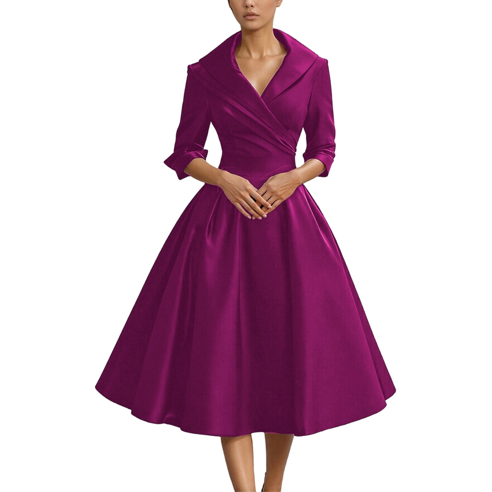 JAJAHO Womens Long Sleeve Dress Formal Silk Satin Shawl Collar Midi Evening  Gown For Ladies Solid Color Versatile Dresses