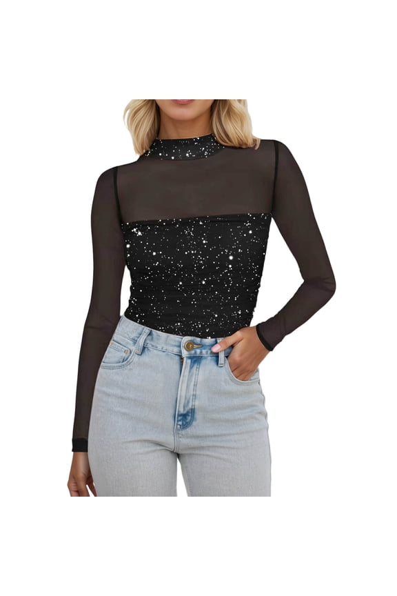 Womens Long Sleeve High Neck Shirts Giltter Mesh See Through T Shirt Fashion Sheer Slim Fit Going Out Clothes Cozy Tops