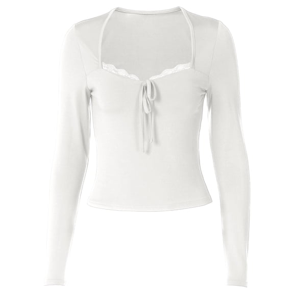 JAJAHO Womens Long Sleeve Shirts Lace Square Neckline Slim Fit Top 2026 Fall Y2K Basic Tee Lightweight Versatile Tops