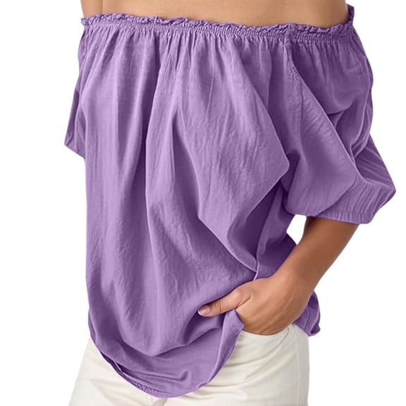 JAJAHO Womens Off Shoulder Ruffle Shirts Long Sleeve Linen Elegant Casual Tunic Solid Color Soft Summer Stylish Tops
