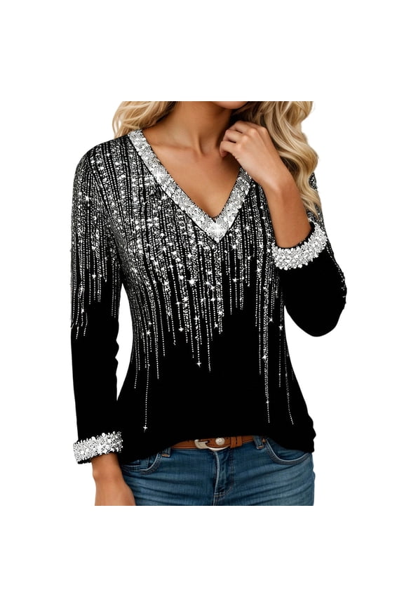 Womens Sequins Long Sleeve Shirts Comfortable Sparkly V Neck T Shirt Party Club Wear 2026 Stylish Tops